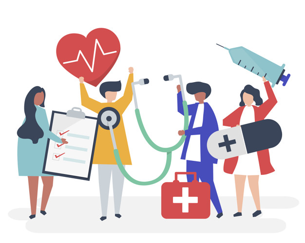 Group of medical staff carrying health related icons