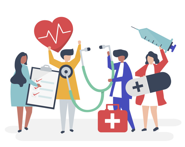 100-minty Group of medical staff carrying health related icons